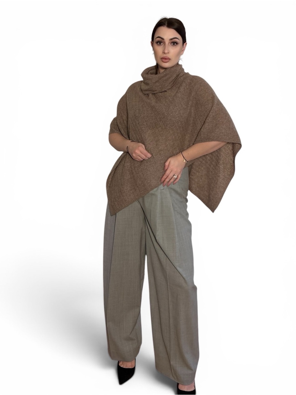 Overland 100% Cashmere Taupe Brown Cowl Neck Poncho Cape OS